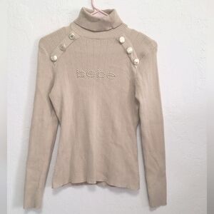 Bebe Beige Mock Neck Rib Knit Long Sleeve Buttons Women's Sweater Size L